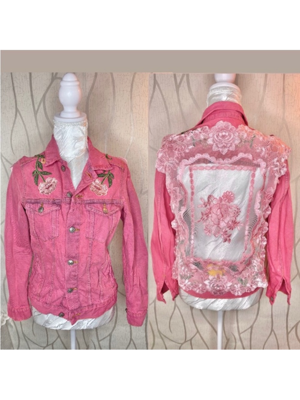 🎀🌷100% Cotton Pink Denim Jacket w/ Sheer Floral Embroidery Back 🎀🌷 &Denim